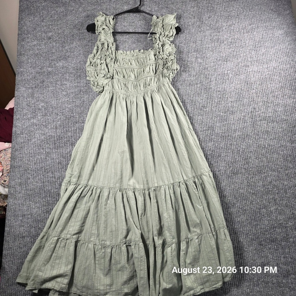 Papaya Women Sage Green Smocked Ruffle Tiered Maxi Dress Size 14 Cottagecore